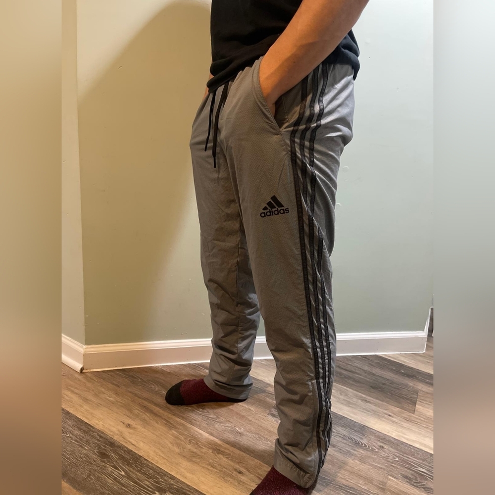 Adidas Men's Gray Joggers with Black Stripes